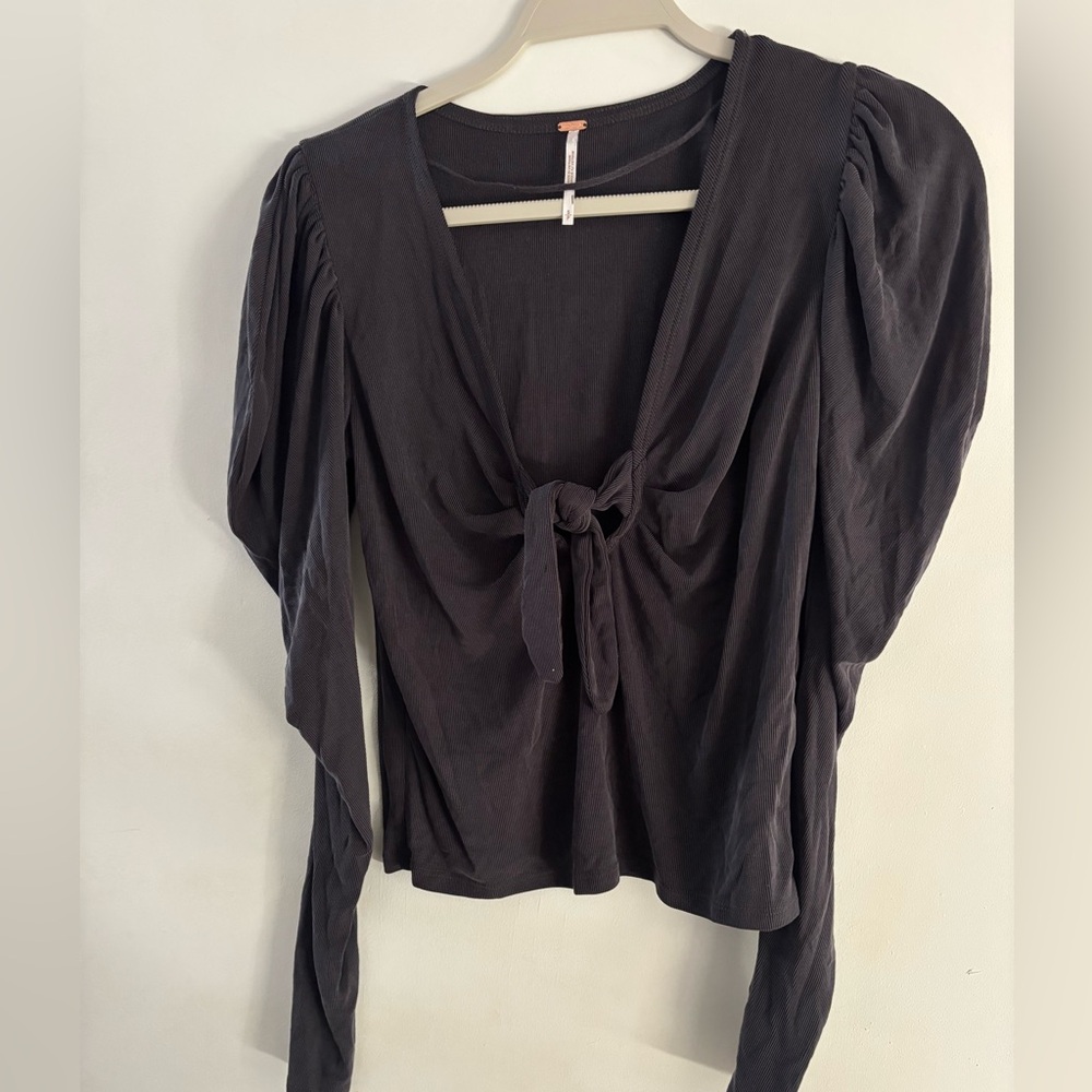 Free People Tie The Knot Top Ribbed Puffed Long Sleeves